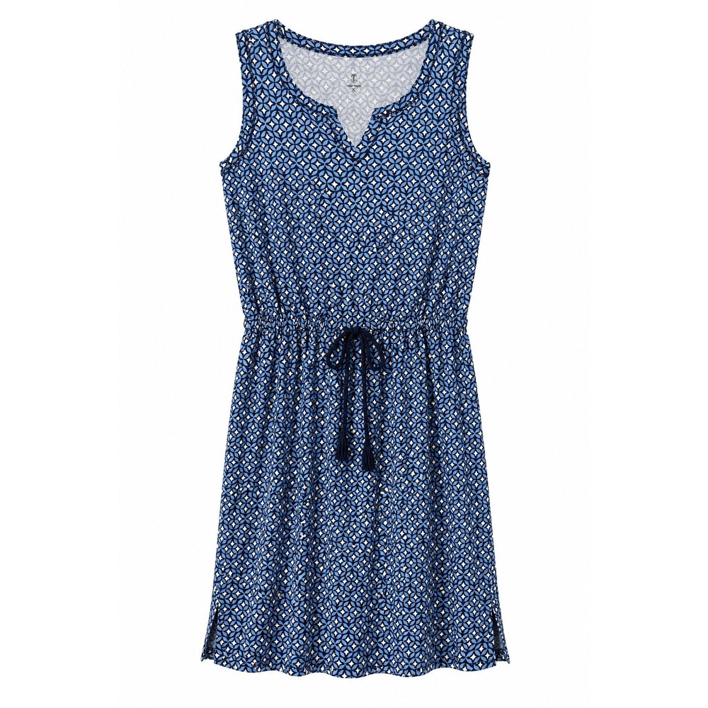 T by Talbots Blue Print Drawstring Dress XL Knit V-Neck Sleeveless
